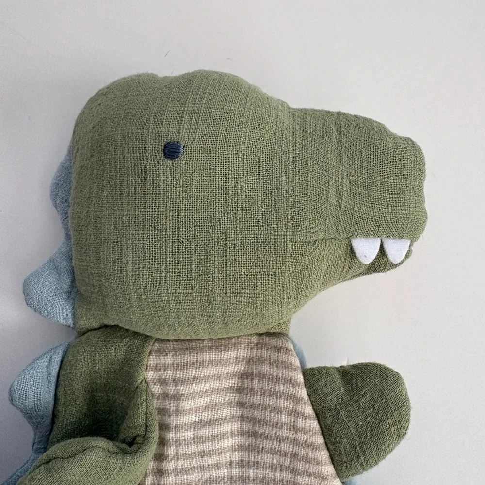 Itzy Ritzy Dino Muslin Lovey‎ Security Blanket with Silicone Teether Green Blue